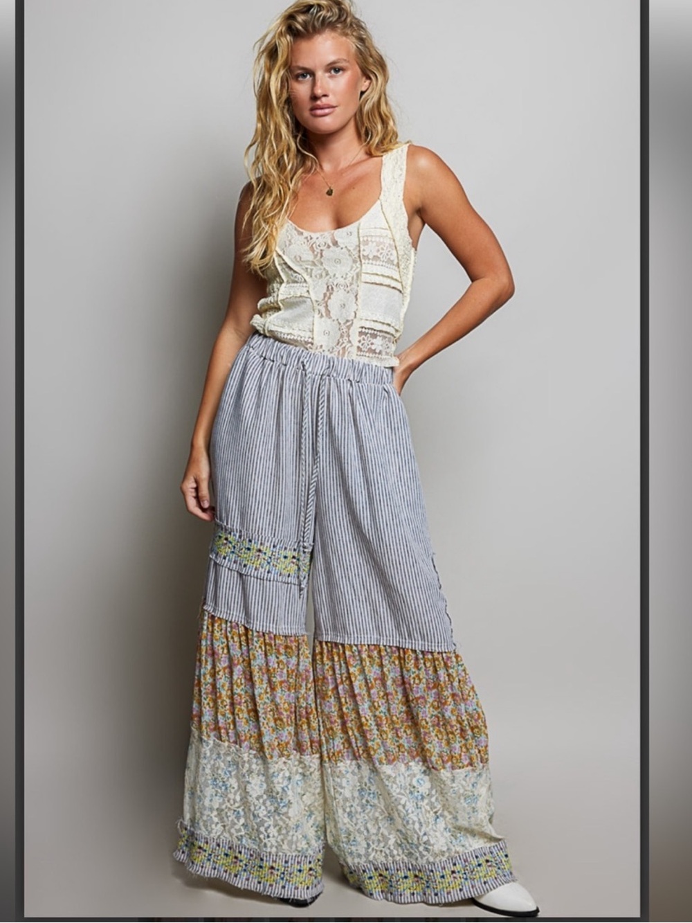 New: POL Striped Vintage Wash Boho Embroidered Mixed Patchwork Wide Leg Pants• S